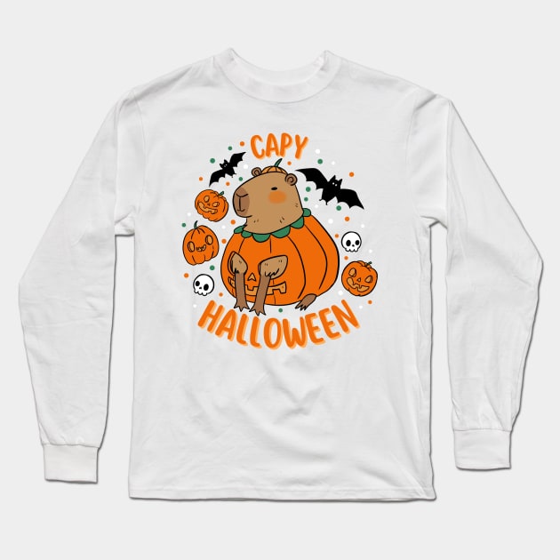 Happy Halloween a cute capybara in a pumpkin for Halloween Long Sleeve T-Shirt by Yarafantasyart